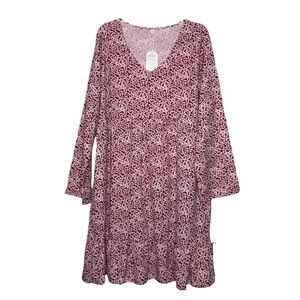 NWT - Burgundy & Pink V-Neck Long Sleeve Cottagecore Midi Boho Dress - Size XXL